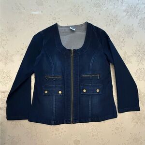 Diane Gilman Navy Zip-Front Jean Jacket with Gold Accents